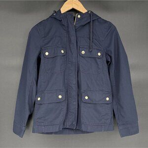 J.Crew Women's Resin Coated Hooded Twill Jacket XS Navy Outdoor Preppy Outerwear